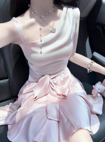 New Homecoming Dress Asymmetric Pleated Bowknot Back to School Outfits Party Dress D7602