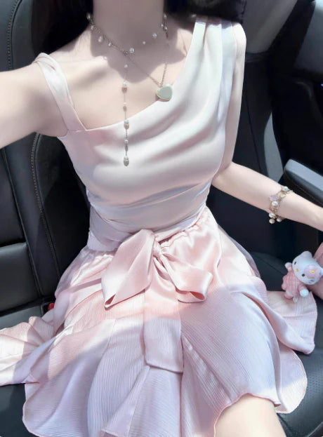 New Homecoming Dress Asymmetric Pleated Bowknot Back to School Outfits Party Dress D7602
