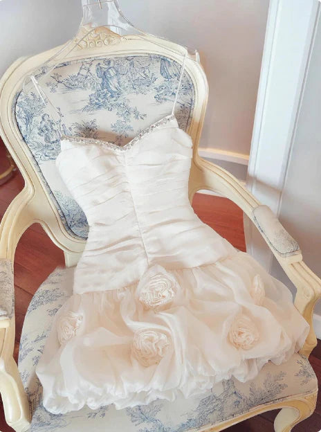 New Homecoming Dress Spaghetti Strap Rinestone Flower Pleated Back to School Outfits Party Dress D7612