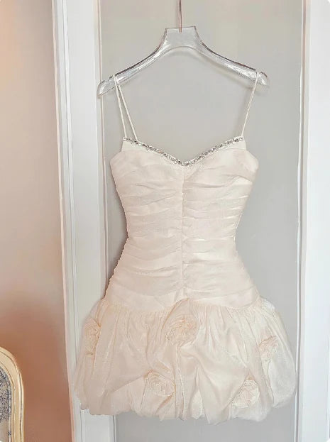 New Homecoming Dress Spaghetti Strap Rinestone Flower Pleated Back to School Outfits Party Dress D7612