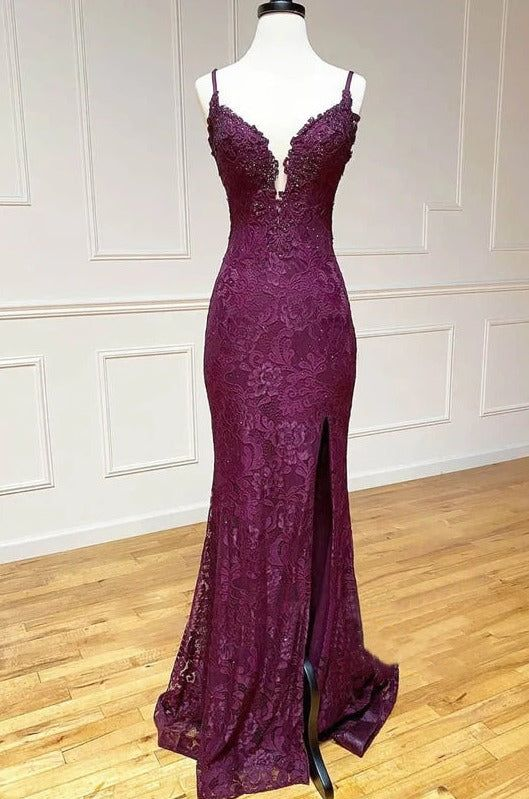 Elegant Spaghetti Straps Mermaid Lace Formal Prom Dresses Evening Party Dress, D843