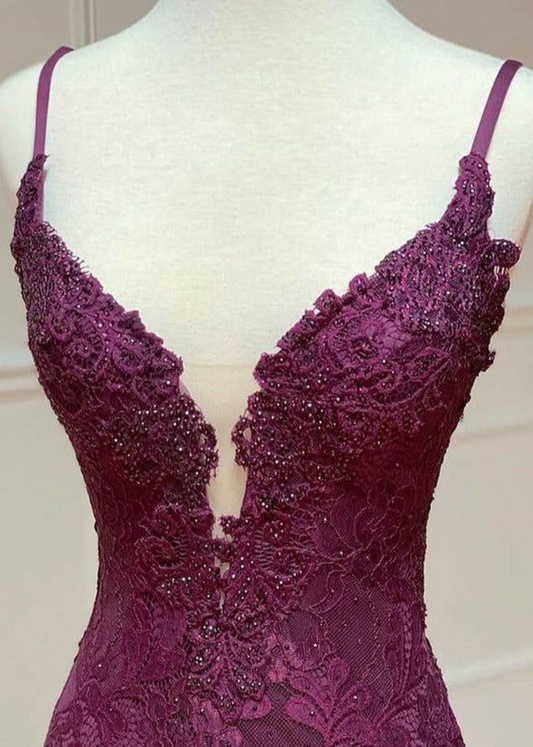 Elegant Spaghetti Straps Mermaid Lace Formal Prom Dresses Evening Party Dress, D843