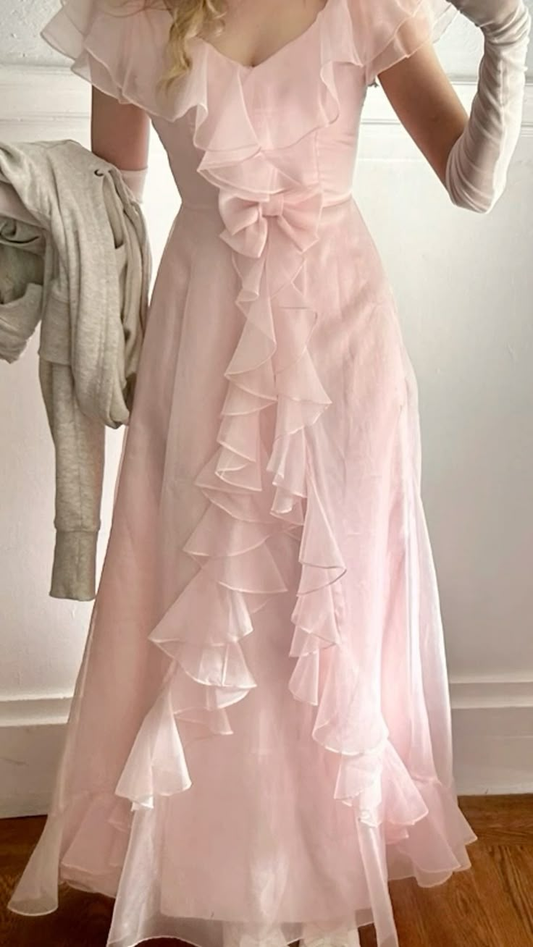 Lovely Light Pink A-Line Chiffon Ruffles Long Party Dress Birthday Outfits, D845