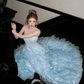 Gorgeous Shiny Light Blue Strapless Design A-Line Tulle Wedding Dress Prom Dress Evening Dress D1714