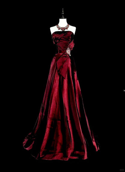 Wine Red Strapless A-Line Satin Long Prom Dress Vintage Evening Dresses, D894