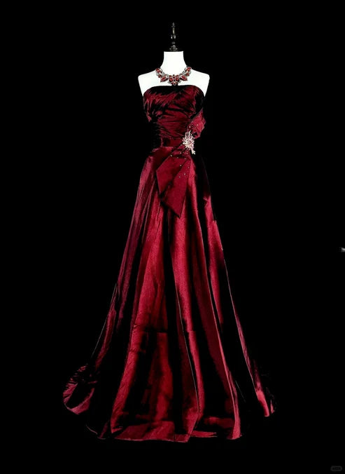 Wine Red Strapless A-Line Satin Long Prom Dress Vintage Evening Dresses, D894