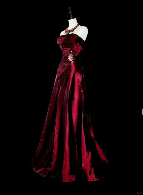 Wine Red Strapless A-Line Satin Long Prom Dress Vintage Evening Dresses, D894