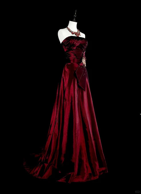 Wine Red Strapless A-Line Satin Long Prom Dress Vintage Evening Dresses, D894