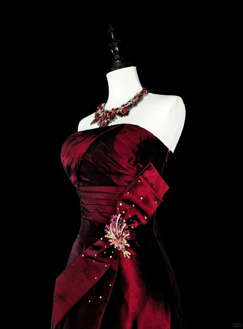 Wine Red Strapless A-Line Satin Long Prom Dress Vintage Evening Dresses, D894