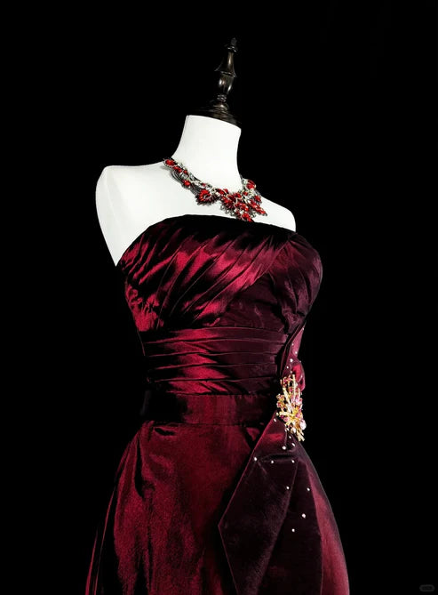 Wine Red Strapless A-Line Satin Long Prom Dress Vintage Evening Dresses, D894