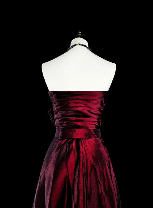 Wine Red Strapless A-Line Satin Long Prom Dress Vintage Evening Dresses, D894
