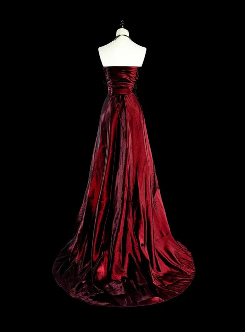 Wine Red Strapless A-Line Satin Long Prom Dress Vintage Evening Dresses, D894