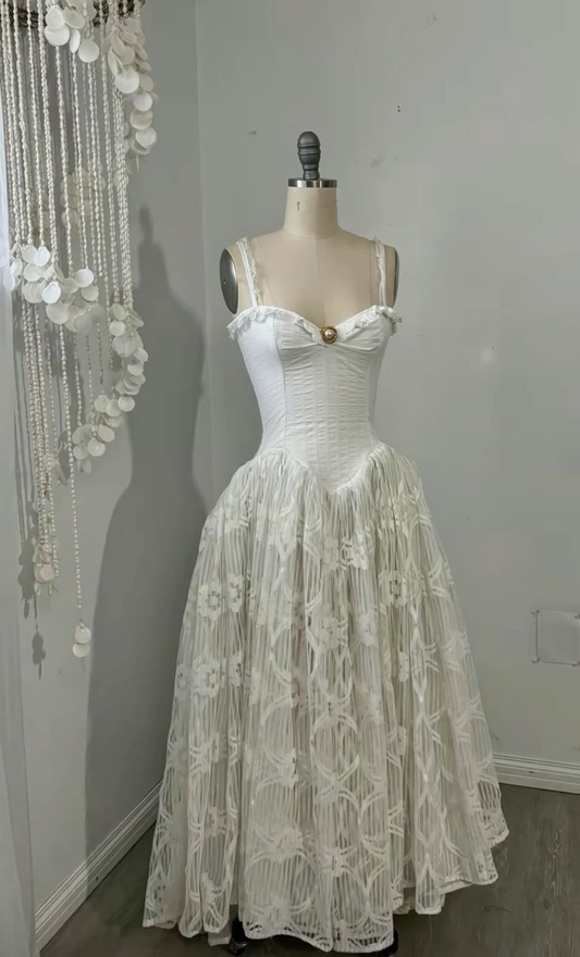 White Spaghetti Straps A-Line Lace Vintage Wedding Dress Long Party Dress, D999