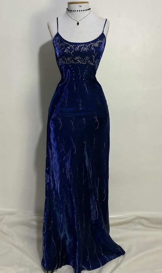 Dark Navy Spaghetti Straps Velvet Sheath Vintage Long Formal Prom Dress, D1001