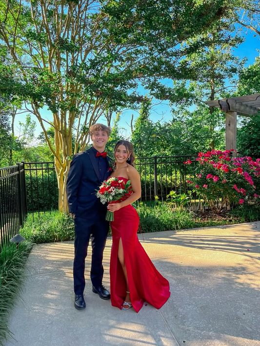 Elegant Red Strapless Mermaid Split Long Party Dress Evening Gown, D1000