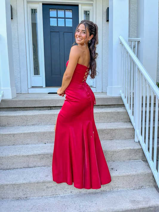 Elegant Red Strapless Mermaid Split Long Party Dress Evening Gown, D1000