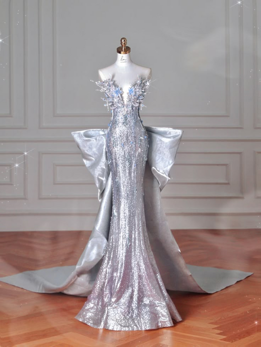 Silver Sleeveless Mermaid Sequins Beading Long Party Dress Evening Gown, D1004