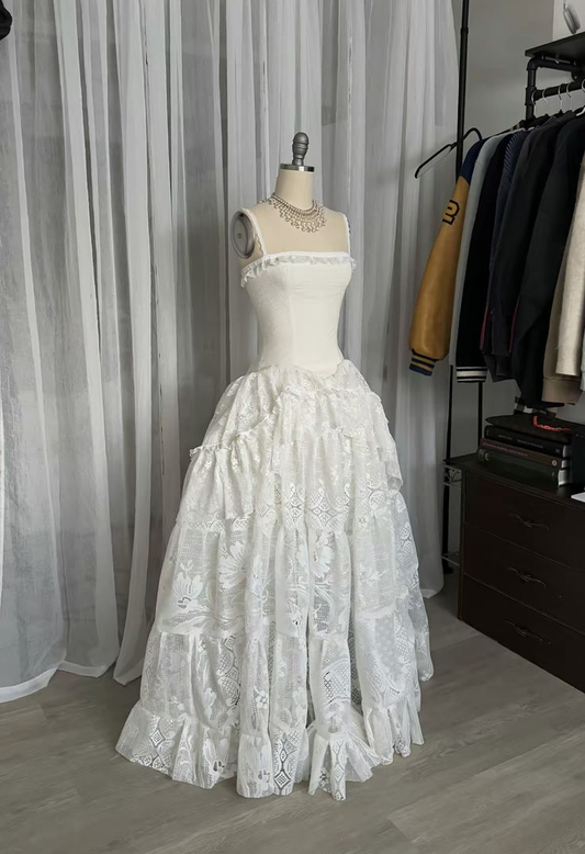 Elegant Ivory Spaghetti Straps A-Line Lace Vintage Wedding Dress Birthday Dress, D1008