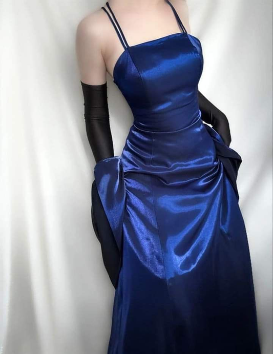 Royal Blue Spaghetti Straps A-Line Satin Vintage Long Party Dress Evening Dress, D1011