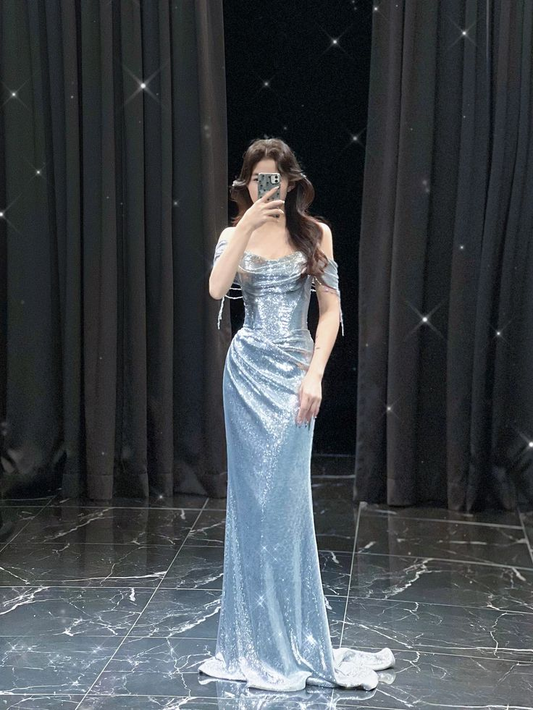 Light Blue Off Shoulder Mermaid Sequins Long Evening Party Dress Birthday Outfits, D1012
