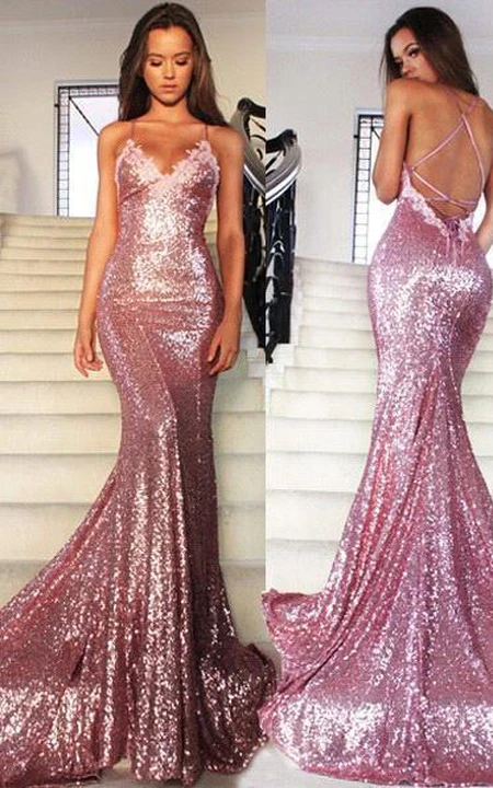 Shiny Pink Mermaid Sequins Backless Long Evening Party Dress Birthday Outfits, D1013