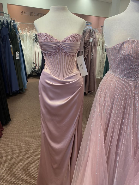 Pink Strapless Mermaid Beaded Satin Long Evening Party Dress Birthday Outfits, D1017