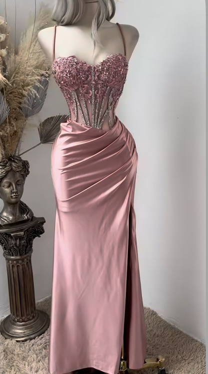 Charming Prom Dress Pink Spaghetti Straps Beaded Satin Long Evening Party Dress Birthday Outfits, D1018