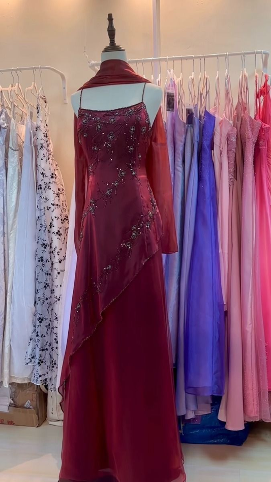 Burgundy Straps A-Line Beaded Chiffon Vintage Long Evening Party Dresses, D1019