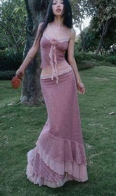 Dusty Pink Two Pieces Mermaid Chiffon Long Party Dresses Wedding Guest Dress, D1025