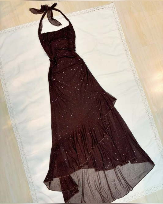 Vintage Brown Halter Neck Sheath Chiffon Long Evening Party Dresses, D1026