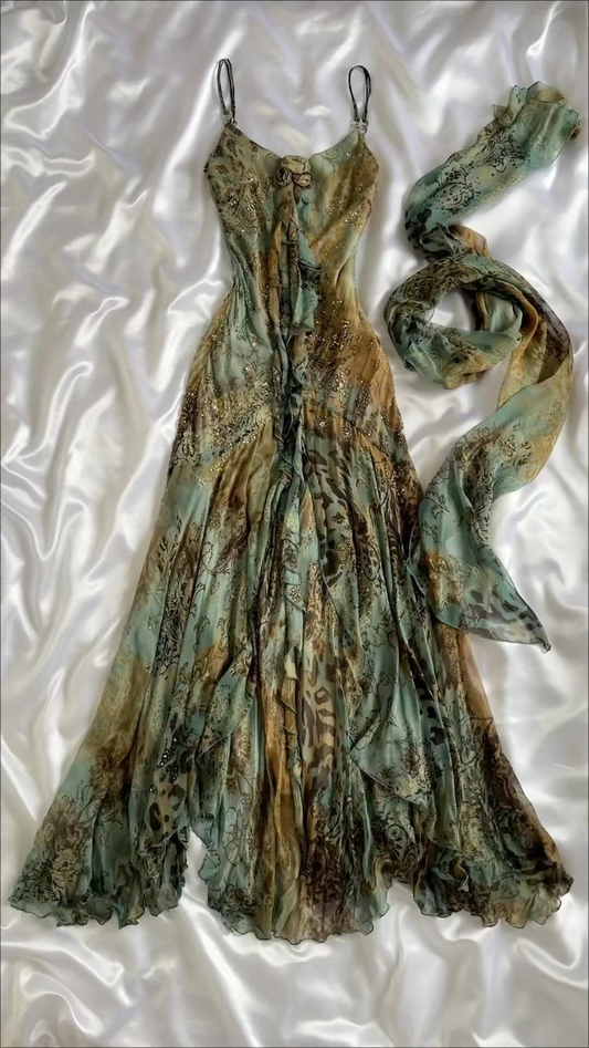Vintage Spaghetti Straps Sheath Beaded Chiffon Long Evening Party Dresses, D1028