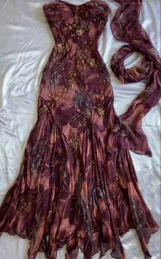 Vintage Spaghetti Straps Sheath Beaded Chiffon Long Evening Party Dresses, D1029