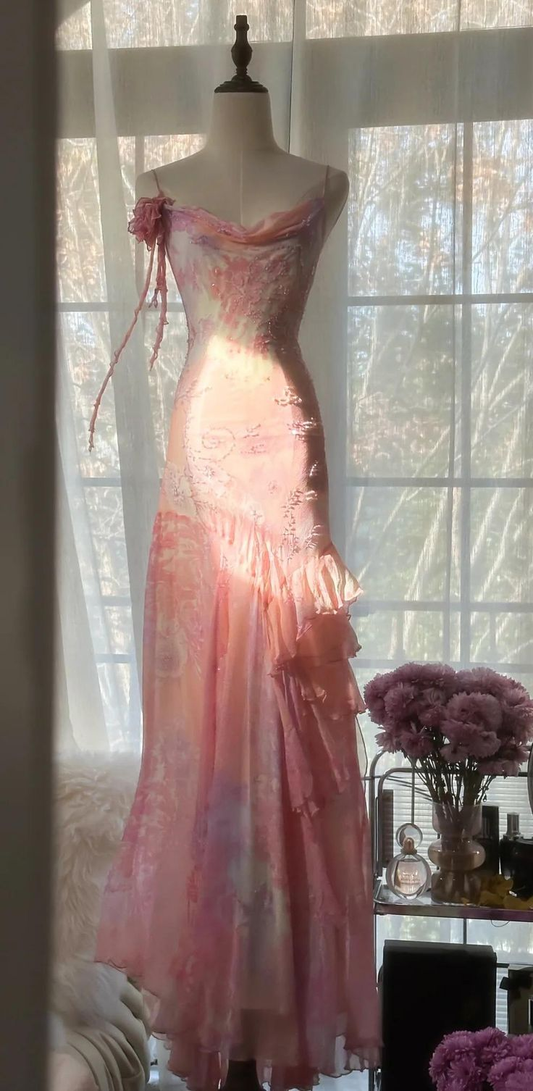 Vintage Pink Straps Mermaid Chiffon Beading Long Evening Party Dresses, D1030