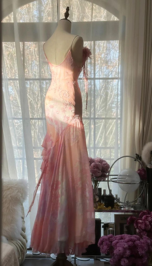 Vintage Pink Straps Mermaid Chiffon Beading Long Evening Party Dresses, D1030