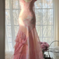Vintage Pink Straps Mermaid Chiffon Beading Long Evening Party Dresses, D1030