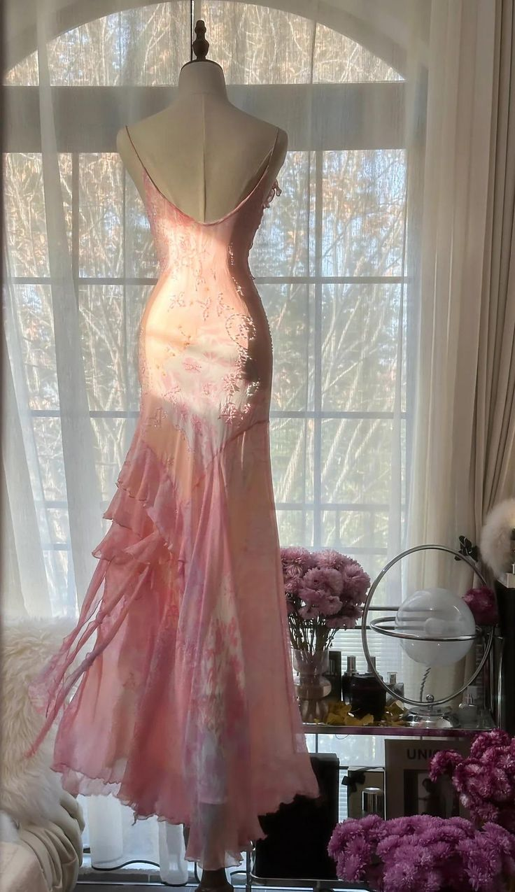 Vintage Pink Straps Mermaid Chiffon Beading Long Evening Party Dresses, D1030