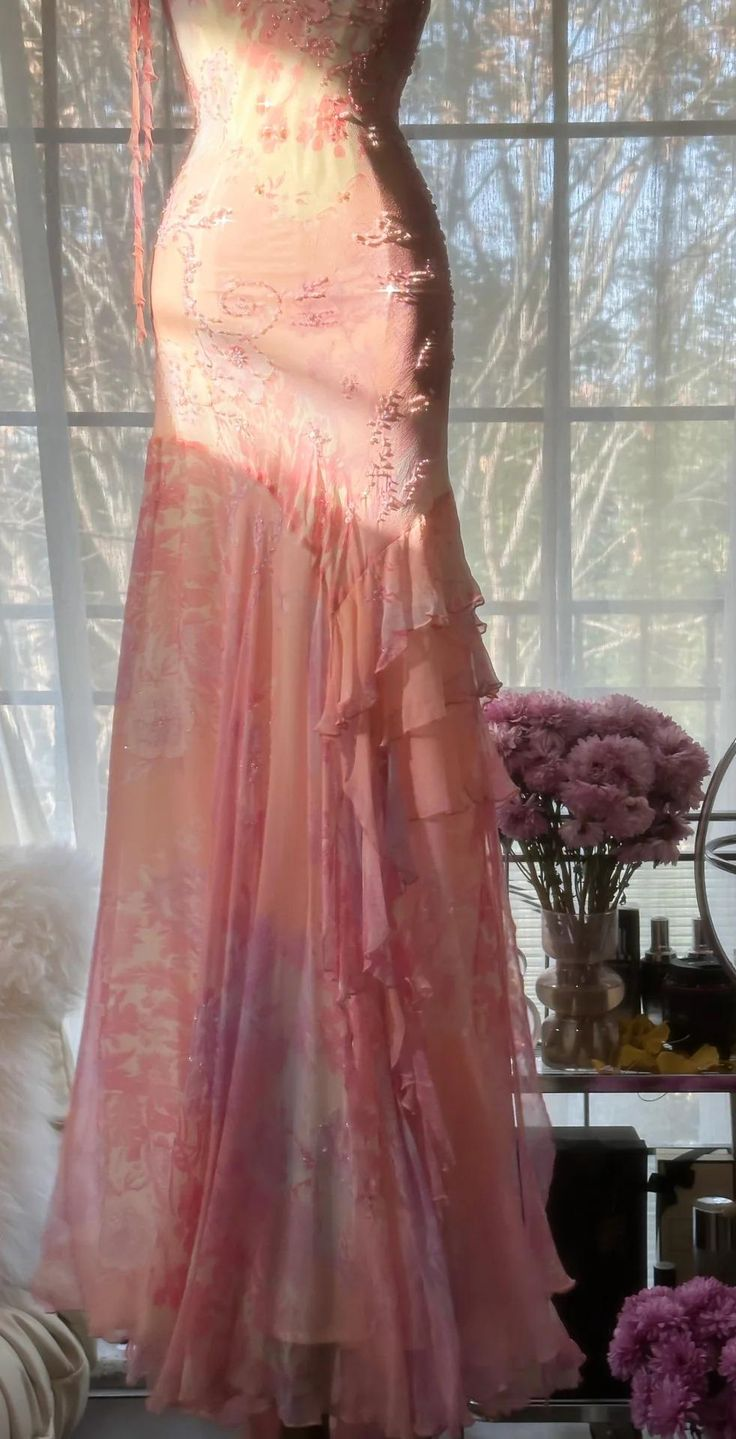 Vintage Pink Straps Mermaid Chiffon Beading Long Evening Party Dresses, D1030