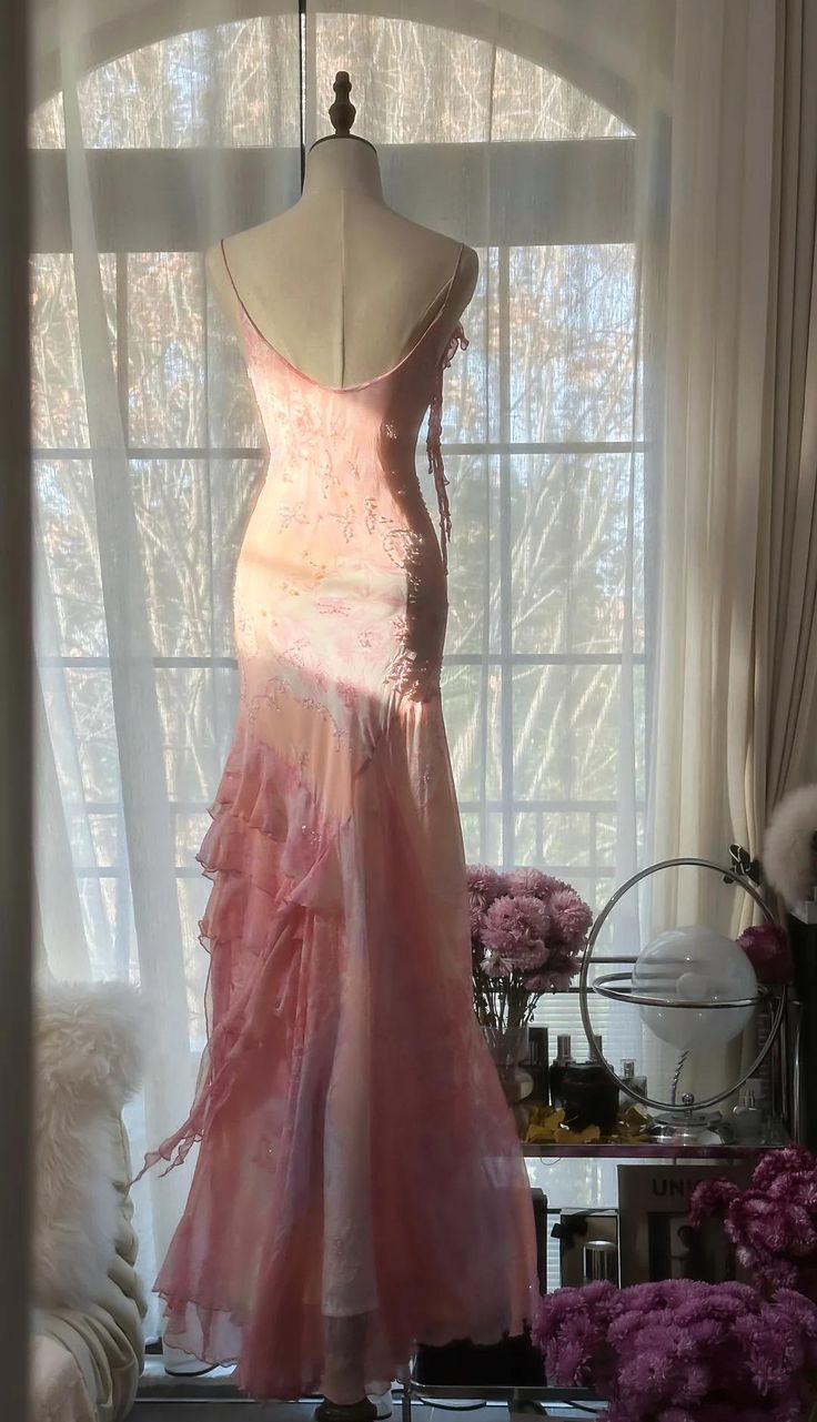 Vintage Pink Straps Mermaid Chiffon Beading Long Evening Party Dresses, D1030