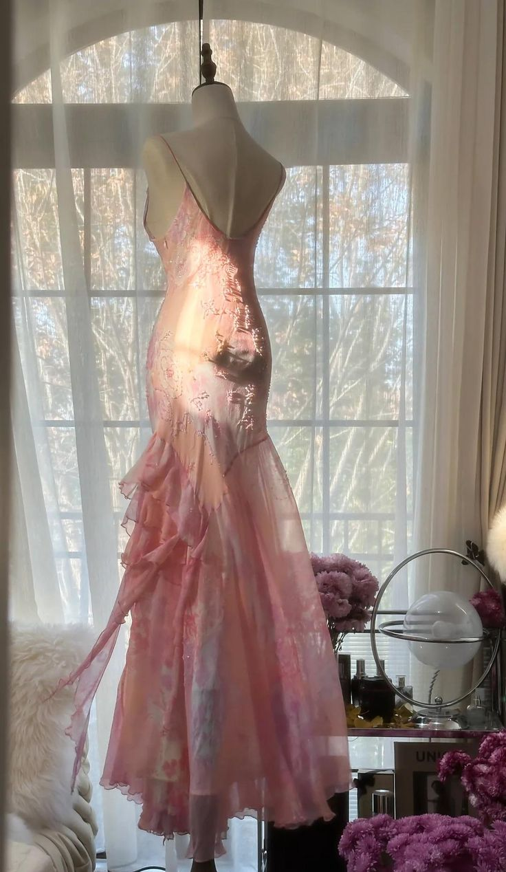 Vintage Pink Straps Mermaid Chiffon Beading Long Evening Party Dresses, D1030