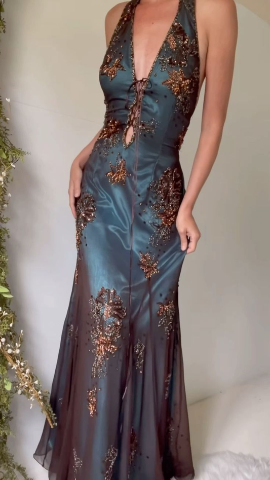 Robe de soirée élégante style sirène, col en V, bleu sarcelle, perles, style vintage, longue, formelle, D1032