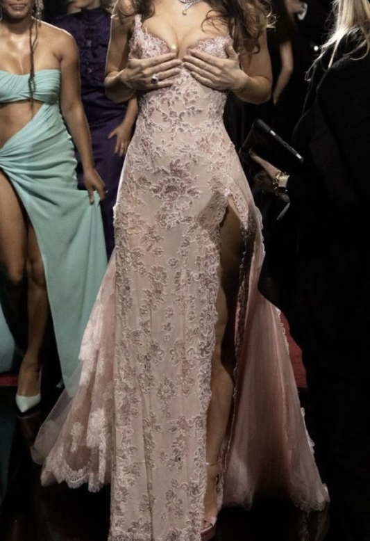 Elegant Pink Straps Sheath Tulle Split Long Formal Evening Dresses Party Drersses, D1034