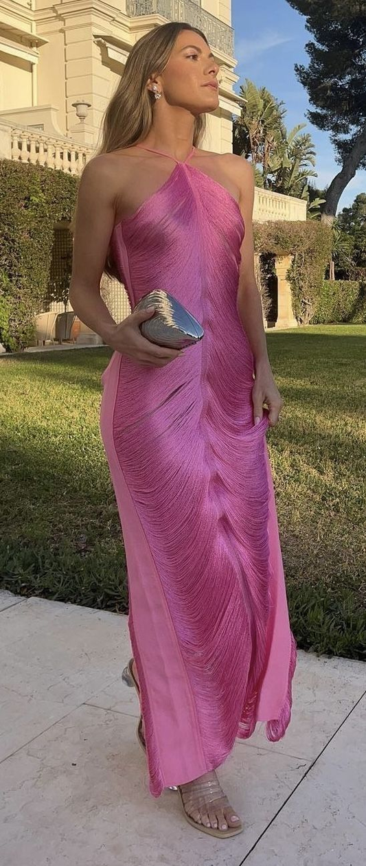 Hot Pink Halter Neck Sheath Chiffon Long Party Dresses Wedding Guest Dresses, D1035