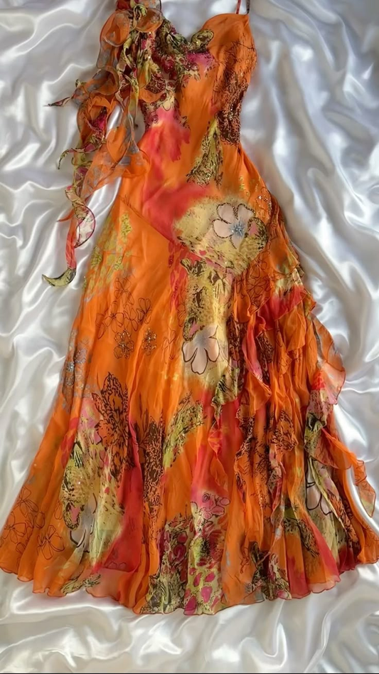 Vintage Spaghetti Straps Sheath Beaded Chiffon Long Evening Party Dresses, D1036