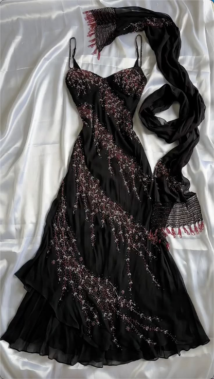 Schwarze Spaghettiträger Etuikleid Chiffon Perlen Vintage Lange Abend Party Kleider, D1046