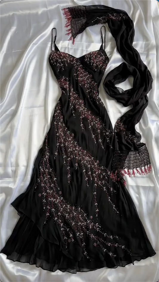 Black Spaghetti Straps Sheath Chiffon Beaded Vintage Long Evening Party Dresses, D1046