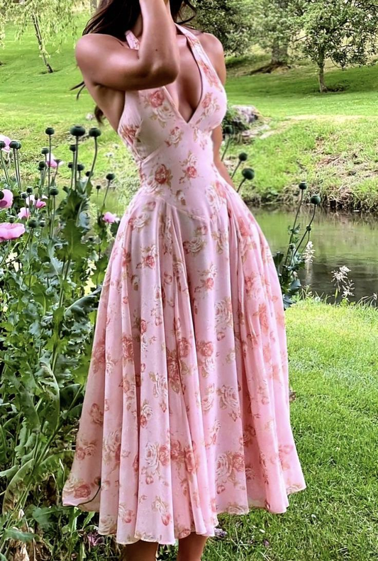 Pink Halter Neck A-Line Ankle Length Party Dresses Wedding Guest Dresses, D1050