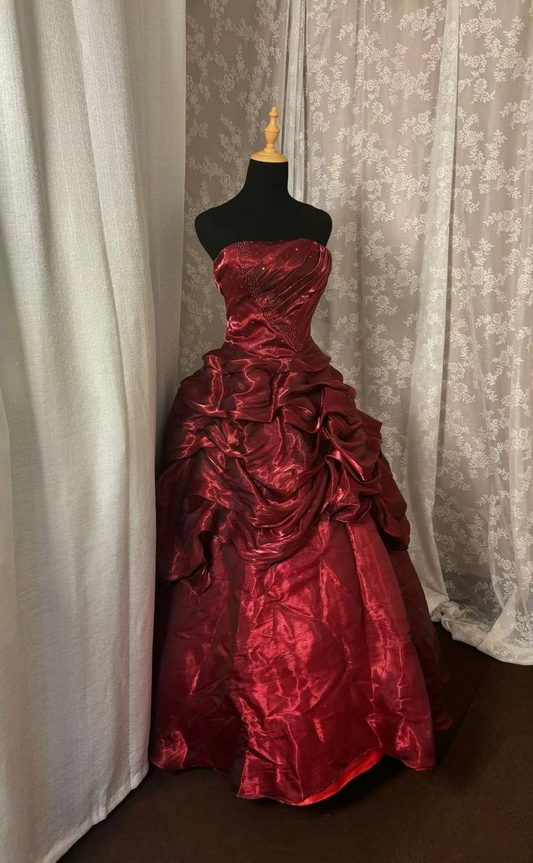 Burgundy Strapless A-Line Chiffon Long Prom Dresses Vintage Ball Gowns, D1054
