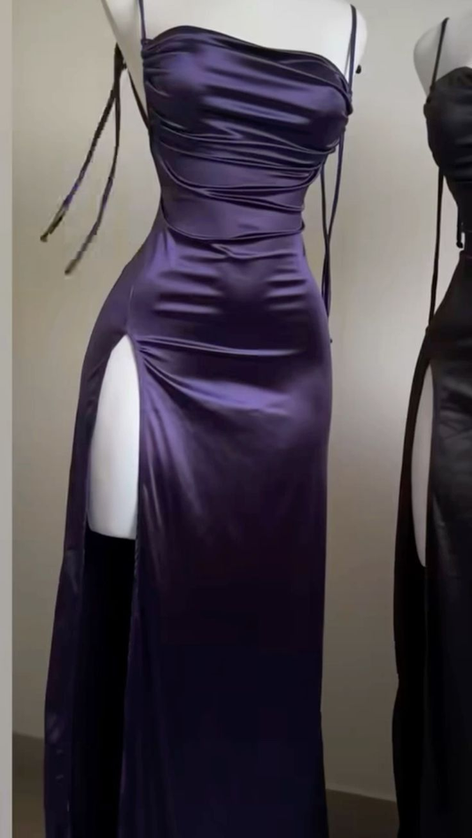 Purple Spaghetti Straps Sheath Satin Long Party Dresses Wedding Guest Dresses, D1066