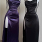 Purple Spaghetti Straps Sheath Satin Long Party Dresses Wedding Guest Dresses, D1066