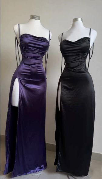 Purple Spaghetti Straps Sheath Satin Long Party Dresses Wedding Guest Dresses, D1066
